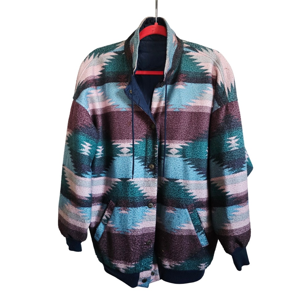 Braetan Vintage Southwestern Pattern Reversible Bomber Jacket Women 2X Snaps - Picture 2 of 13
